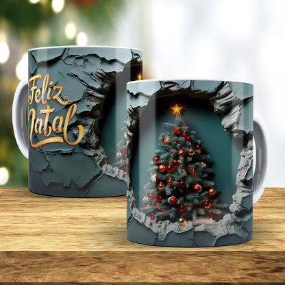3D Broken Wall Christmas Tree Mug Sublimation Wrap PNG Bundle | Cracked Stone Hole Christmas Mug Template