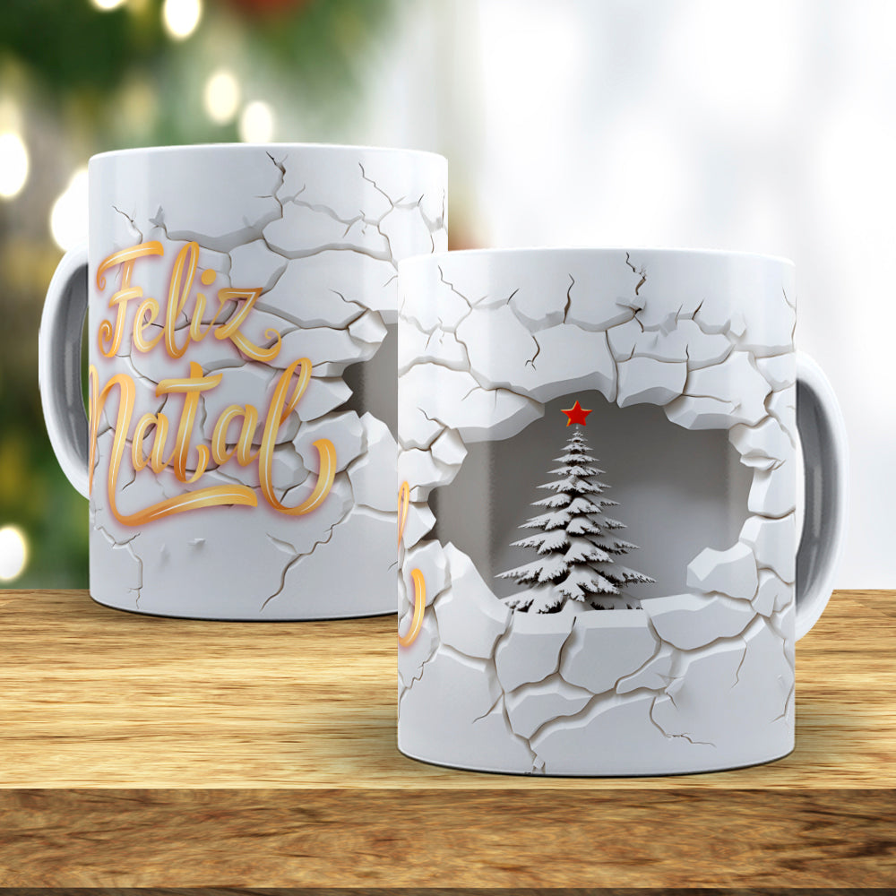 3D Broken Wall Christmas Tree Mug Sublimation Wrap PNG Bundle | Cracked Stone Hole Christmas Mug Template