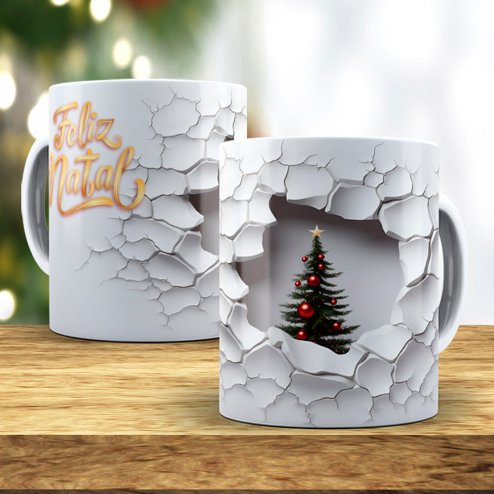 3D Broken Wall Christmas Tree Mug Sublimation Wrap PNG Bundle | Cracked Stone Hole Christmas Mug Template