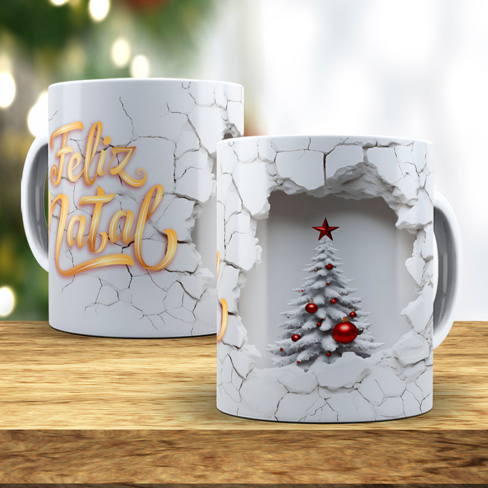 3D Broken Wall Christmas Tree Mug Sublimation Wrap PNG Bundle | Cracked Stone Hole Christmas Mug Template