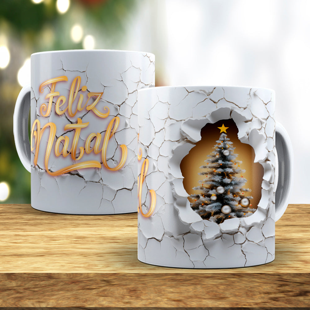 3D Broken Wall Christmas Tree Mug Sublimation Wrap PNG Bundle | Cracked Stone Hole Christmas Mug Template