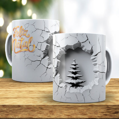 3D Broken Wall Christmas Tree Mug Sublimation Wrap PNG Bundle | Cracked Stone Hole Christmas Mug Template