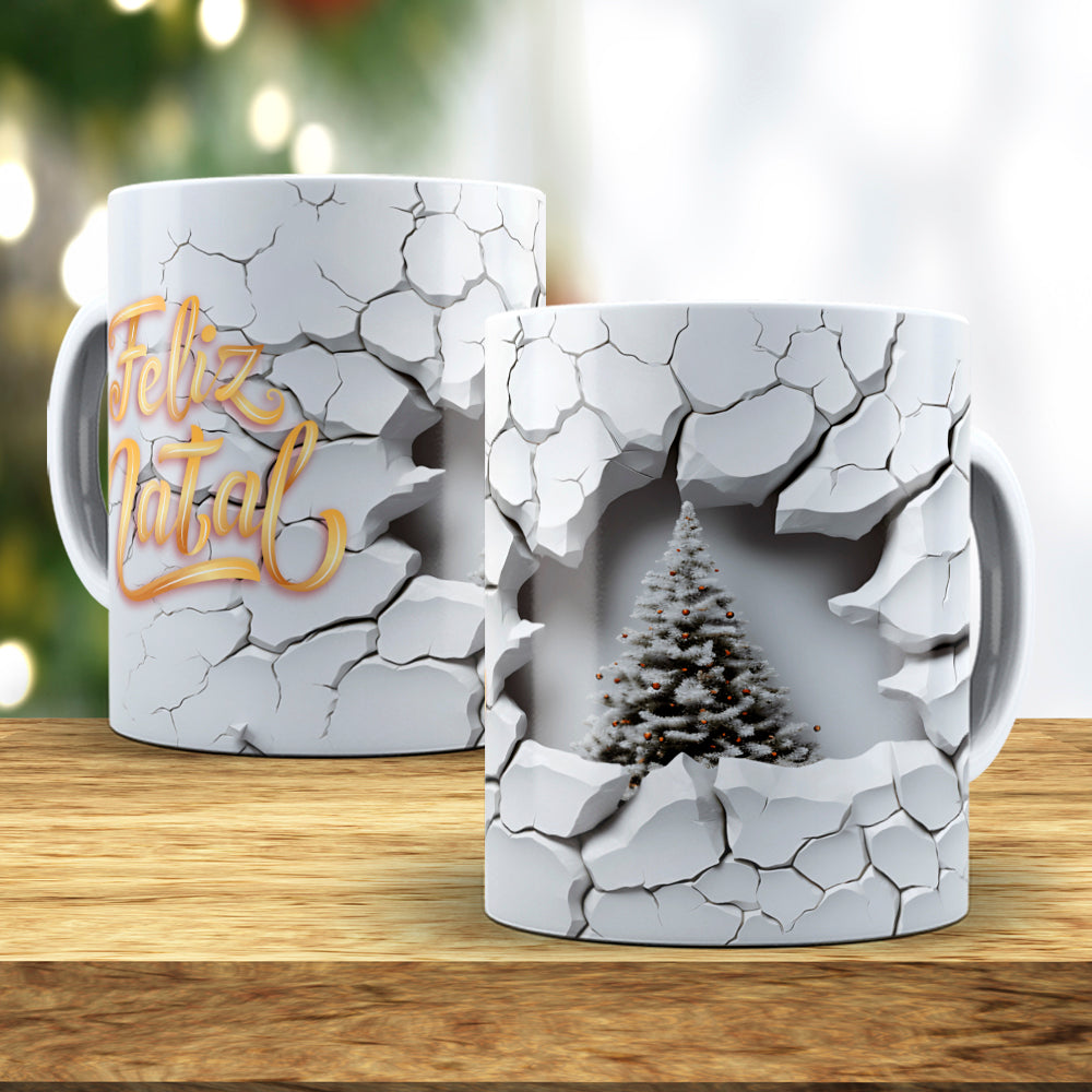 3D Broken Wall Christmas Tree Mug Sublimation Wrap PNG Bundle | Cracked Stone Hole Christmas Mug Template