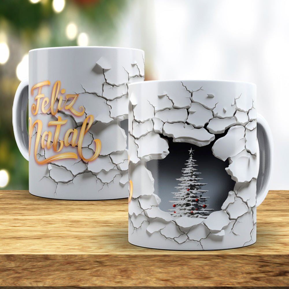 3D Broken Wall Christmas Tree Mug Sublimation Wrap PNG Bundle | Cracked Stone Hole Christmas Mug Template