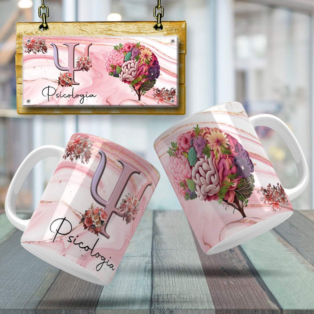 Psychology Floral Brain Mug Sublimation PNG Bundle | Floral Psi Symbol Psychologist Coffee Cup Wrap