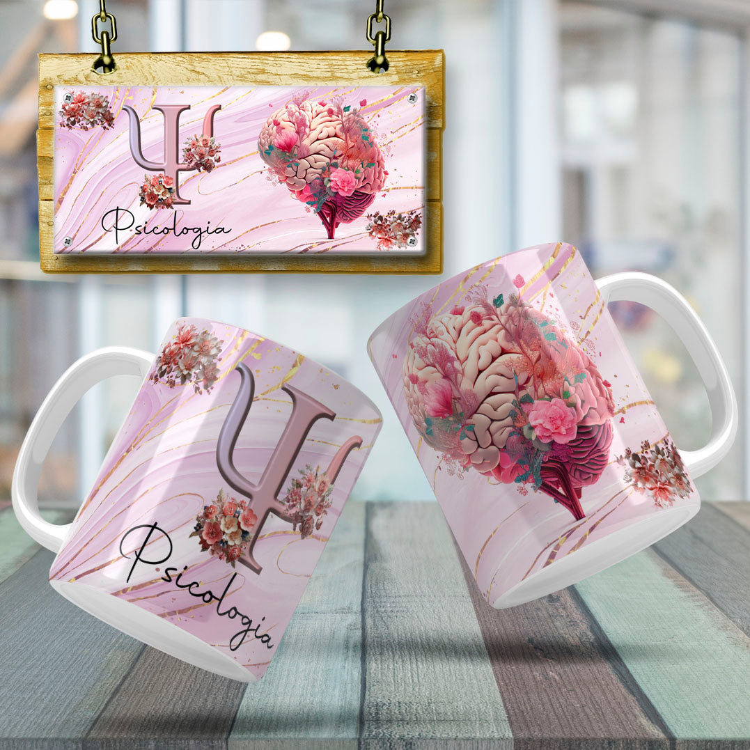 Psychology Floral Brain Mug Sublimation PNG Bundle | Floral Psi Symbol Psychologist Coffee Cup Wrap