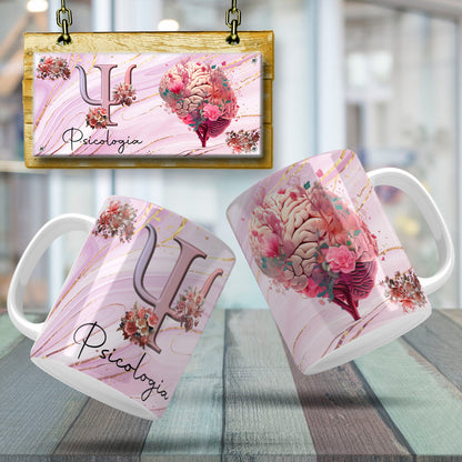 Psychology Floral Brain Mug Sublimation PNG Bundle | Floral Psi Symbol Psychologist Coffee Cup Wrap