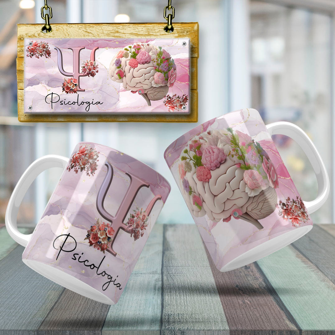 Psychology Floral Brain Mug Sublimation PNG Bundle | Floral Psi Symbol Psychologist Coffee Cup Wrap