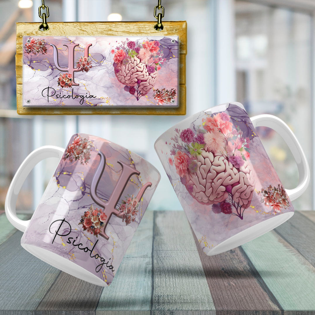 Psychology Floral Brain Mug Sublimation PNG Bundle | Floral Psi Symbol Psychologist Coffee Cup Wrap