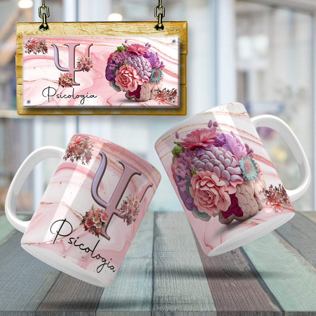 Psychology Floral Brain Mug Sublimation PNG Bundle | Floral Psi Symbol Psychologist Coffee Cup Wrap