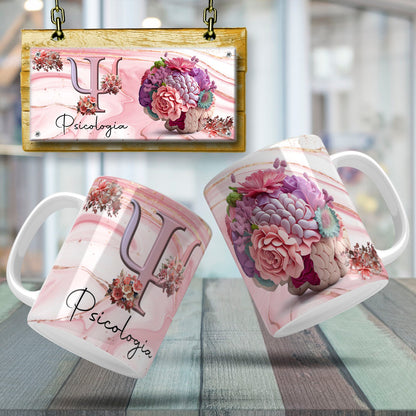 Psychology Floral Brain Mug Sublimation PNG Bundle | Floral Psi Symbol Psychologist Coffee Cup Wrap