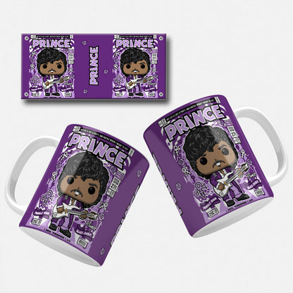 Image of Prince Mug Wrap  Comic-inspired mug wrap featuring Prince with his curly hair, wearing a purple suit and playing a white guitar, surrounded by purple symbols and roses.