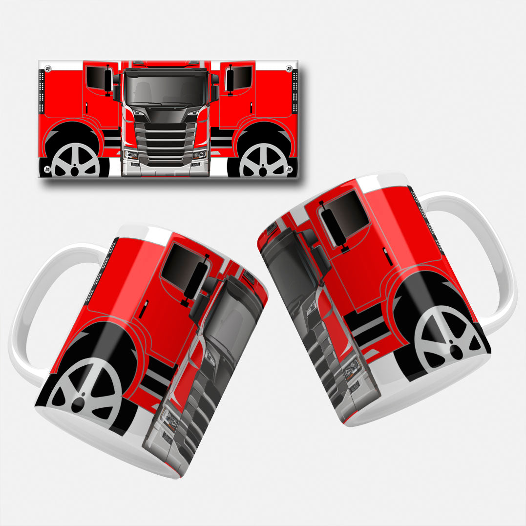 Red lorry truck mug wrap template with detailed front view design. Lorry truck mug wrap