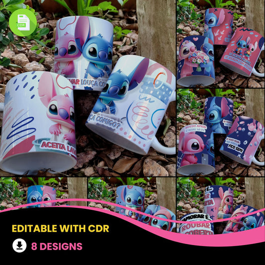 Stitch Valentine’s Day Mug PNG Bundle | Cute Love Cartoon Designs | Editable Designs
