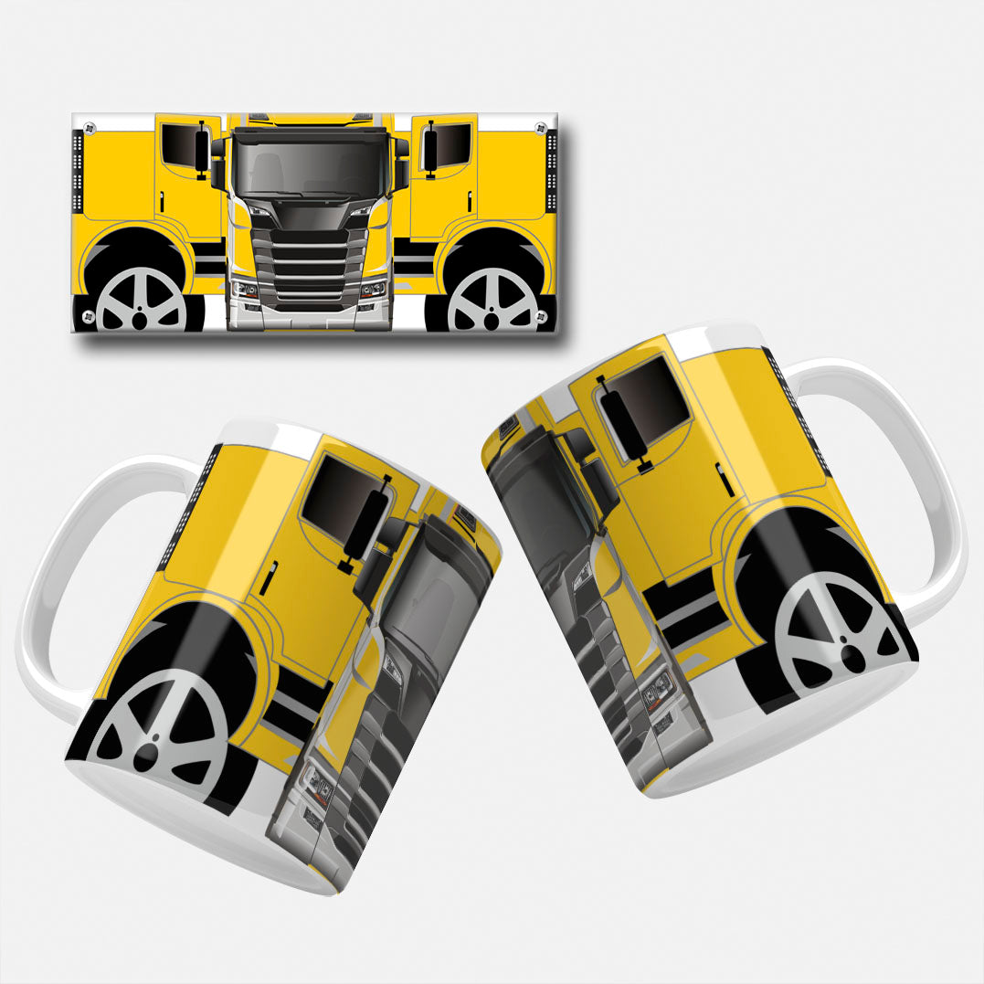 Yellow lorry truck mug wrap template featuring a vibrant front view design