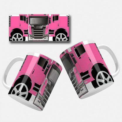 Pink lorry truck mug wrap template showcasing a vivid front view