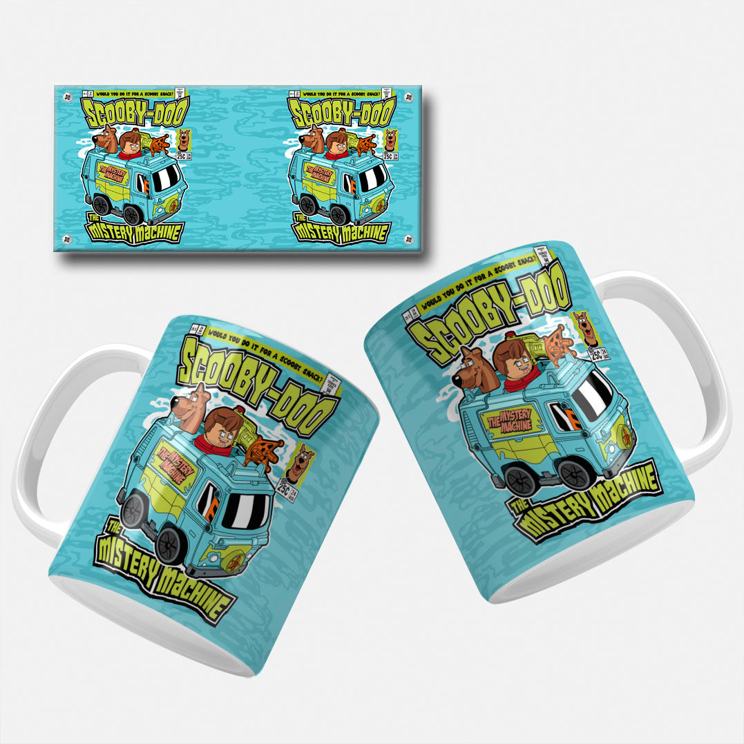 Colorful comic-inspired mug wrap depicting Scooby-Doo and Shaggy in the Mystery Machine, ready for an adventure..Scooby-Doo Mug Wrap. Scooby-Doo Custom Comic-Inspired Mug Wrap. Scooby-Doo Mug Wrap Design: Cartoon-style mug wrap showing Scooby-Doo and Shaggy in the Mystery Machine, titled "The Mystery Machine" with a blue background.