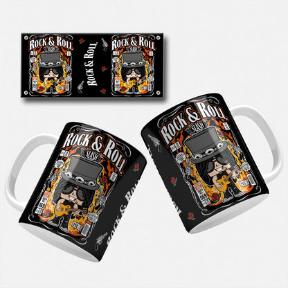 Image of Slash Mug Wrap  Comic-inspired mug wrap depicting Slash from Guns N' Roses with his iconic top hat and sunglasses, playing a yellow guitar with a fiery background.