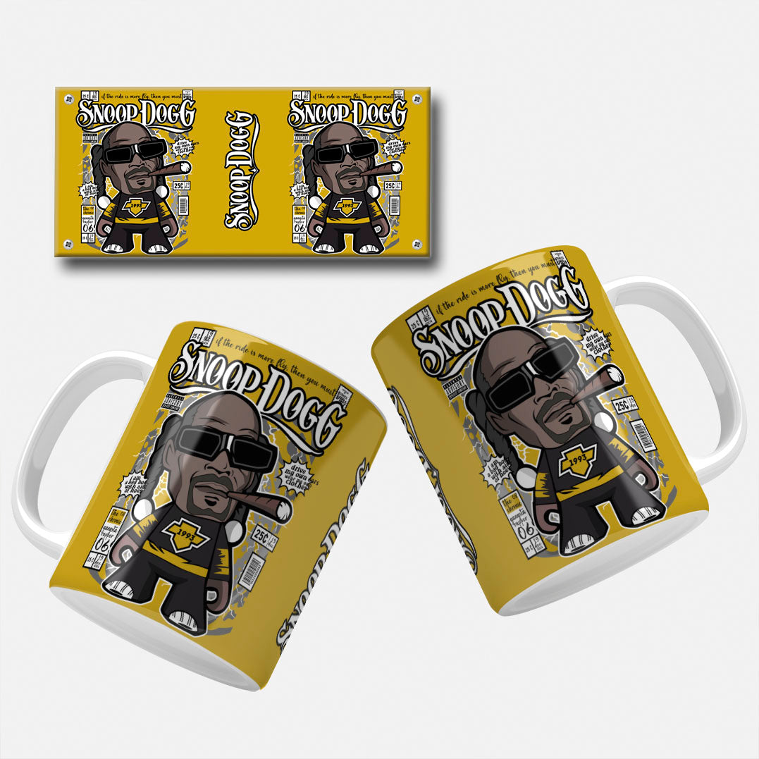 Image of Snoop Dogg Mug Wrap. Comic-inspired mug wrap featuring Snoop Dogg with sunglasses and a cigar, dressed in a black and yellow outfit with "1993" emblem.