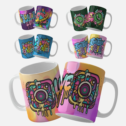 Collection png mug wrap designs for sublimation showcasing graffiti-style mug wrap designs for social media platforms including Facebook, Instagram, Twitter, WhatsApp, and YouTube. Each mug features colorful and unique artwork, perfect for personalization and gifting