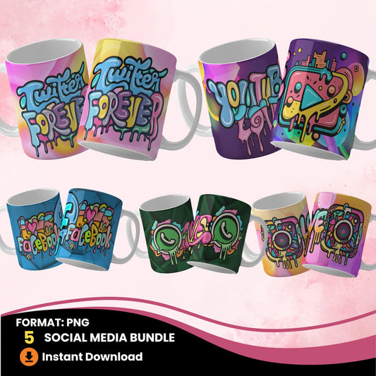 Graffiti Social Media Mug Wrap PNG Bundle