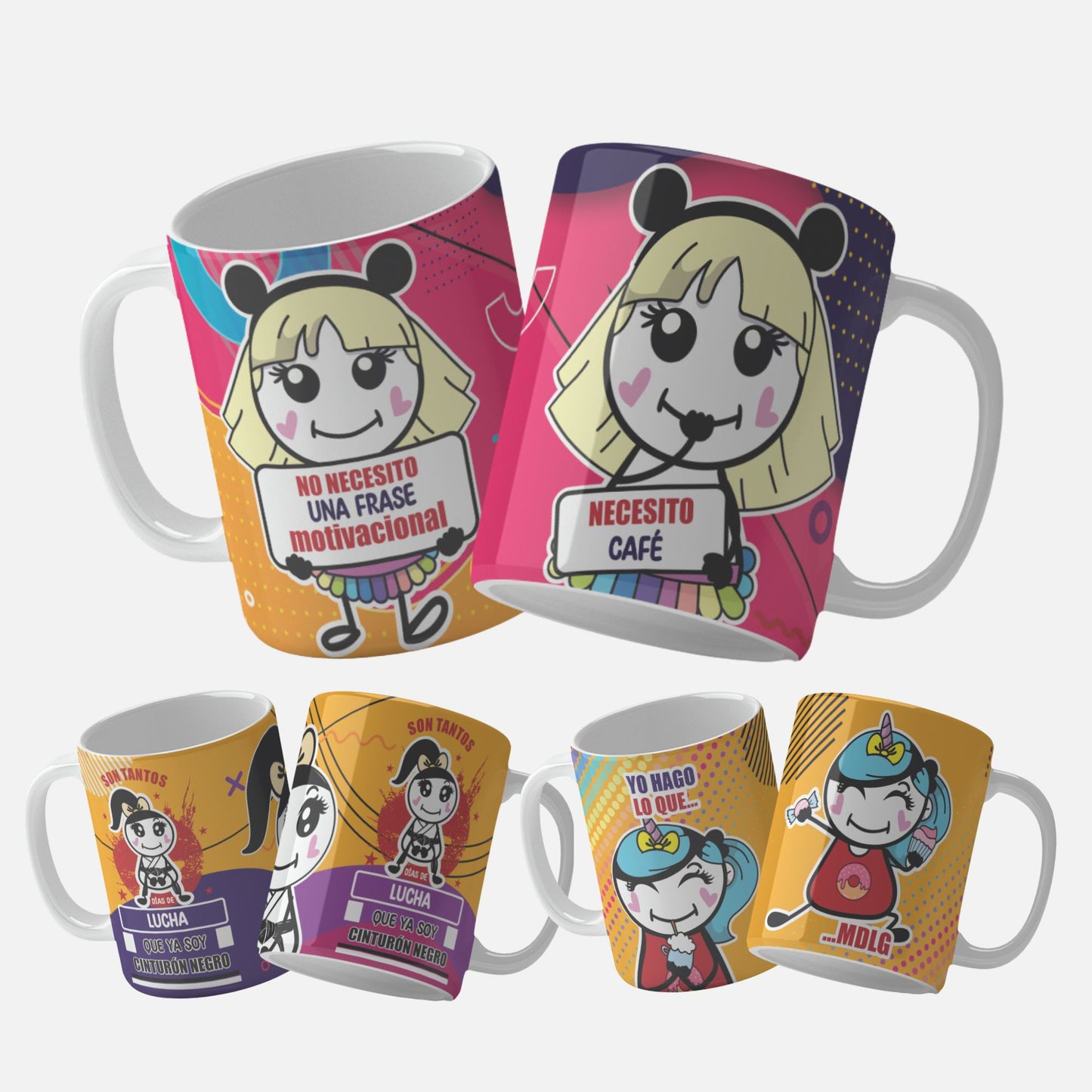 Motivacional mug wrap bundle-. No Necesito Una Frase Motivacional, Necesito Café mug wrap design featuring a cute character