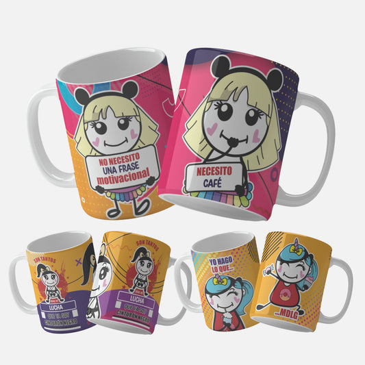 Motivacional mug wrap bundle-. No Necesito Una Frase Motivacional, Necesito Café mug wrap design featuring a cute character