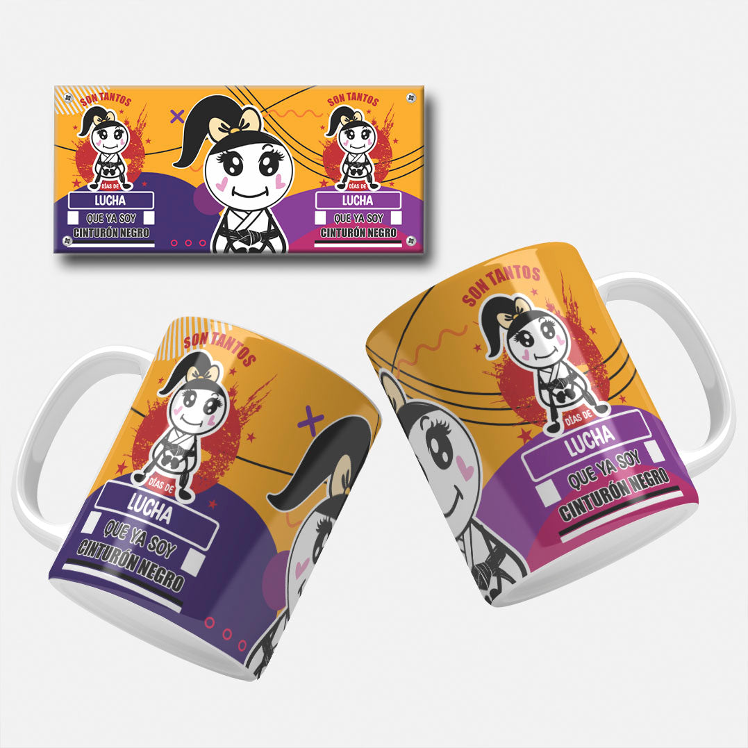 Tantos Días de Lucha Que Ya Soy Cinturón Negro mug wrap design with a martial arts character