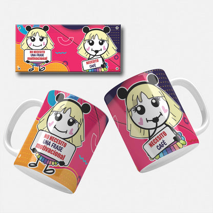Motivacional mug wrap bundle-. No Necesito Una Frase Motivacional, Necesito Café mug wrap design featuring a cute character