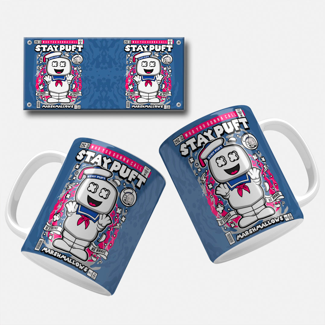 Whimsical comic-style mug wrap of the Stay Puft Marshmallow Man from Ghostbusters, looking cute and iconic.Stay Puft Marshmallow Man Mug Wrap. Stay Puft Marshmallow Man Custom Comic-Inspired Mug Wrap