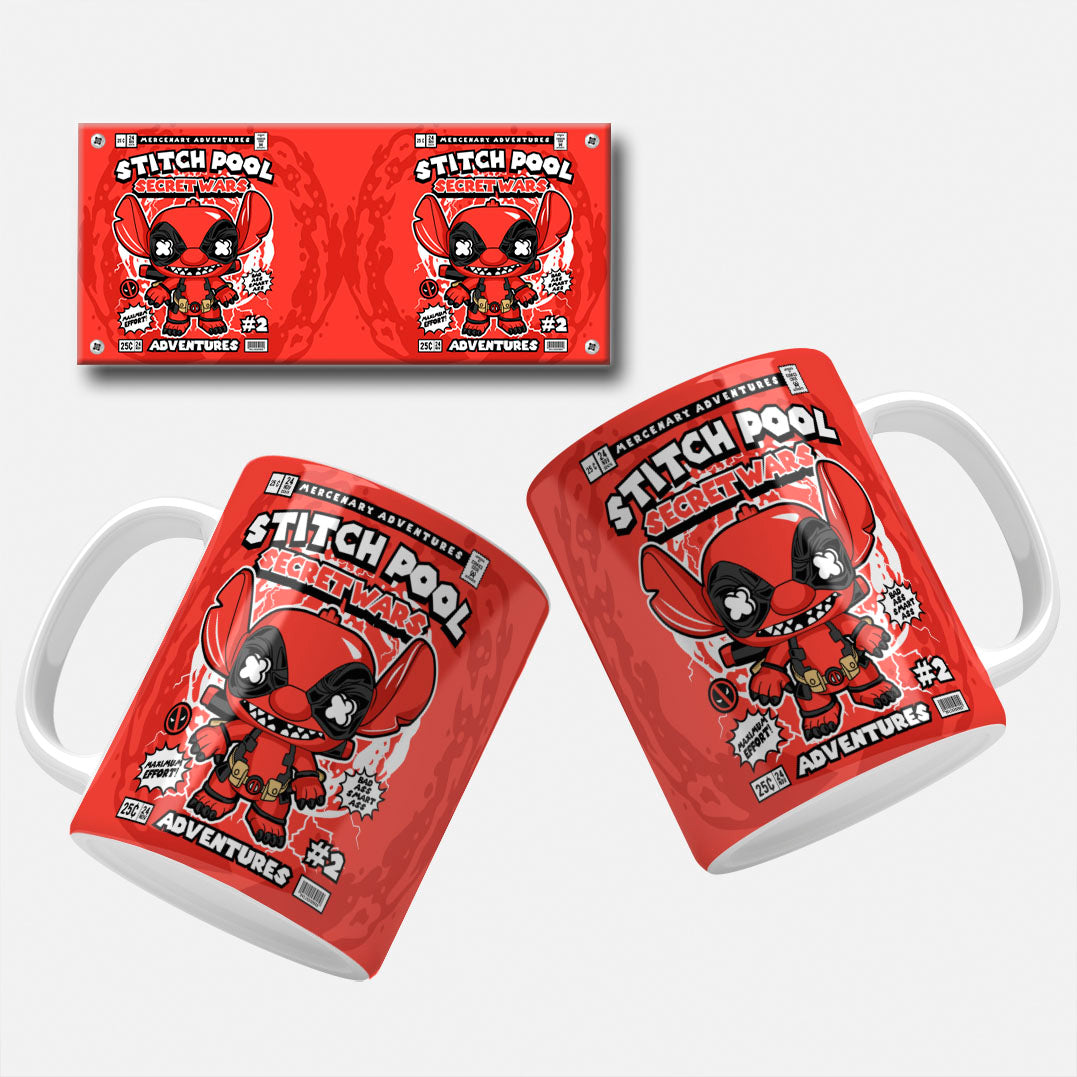 Comic-inspired mug wrap featuring Stitch Pool in a dynamic pose, blending elements of Stitch and Deadpool. Stitch Pool Mug Wrap. Stitch Pool Secret Wars Mug Wrap Design: Comic-inspired mug wrap featuring a crossover of Stitch and Deadpool with the title "Stitch Pool Secret Wars" on a red background.