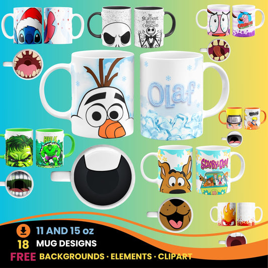 Cartoon Mug PNG Bundle with Fun Mouth Bottoms + Free Clipart & Backgrounds