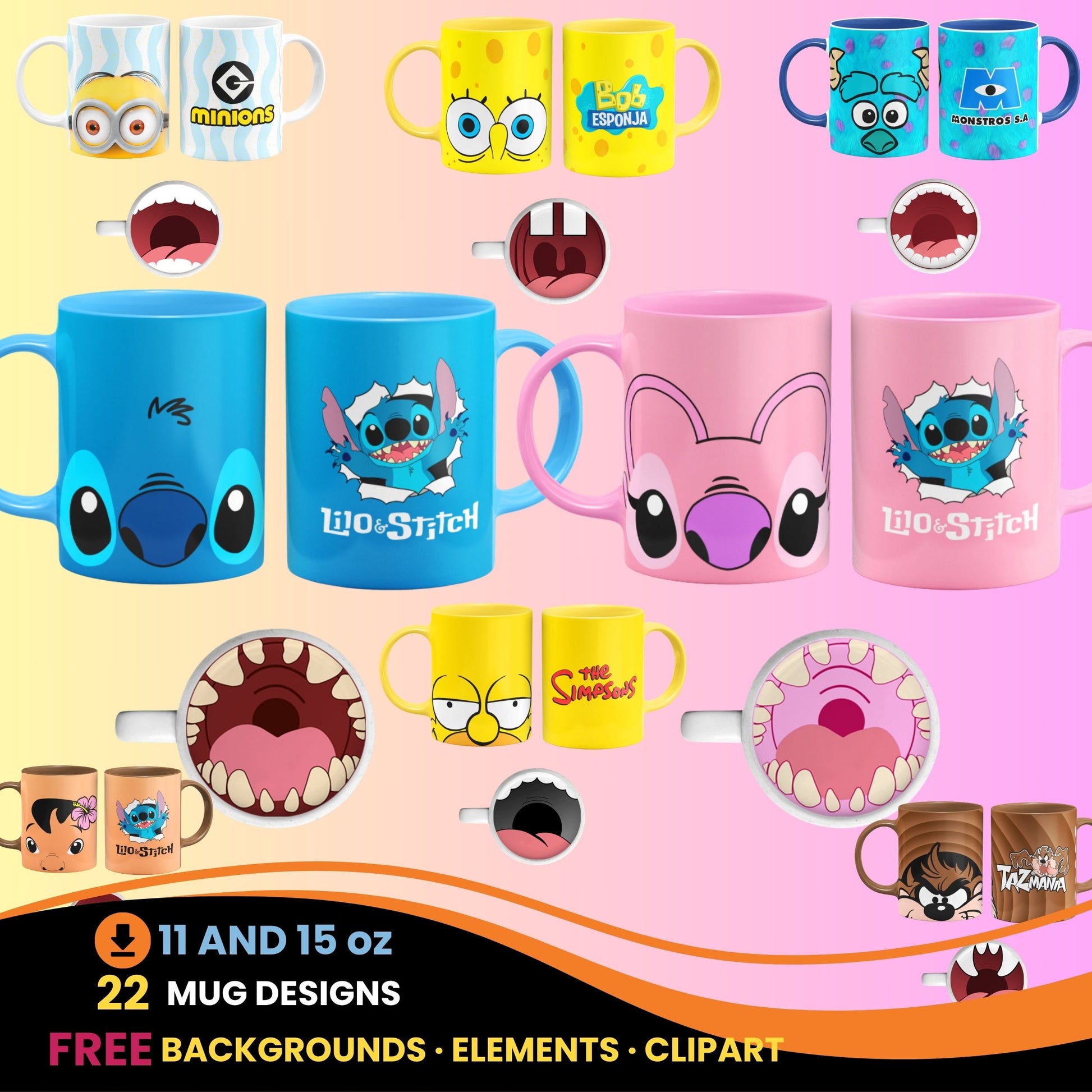 Collection of colorful cartoon cracter mug designs in png on a pink background. Templates with motuh bottom designs. 