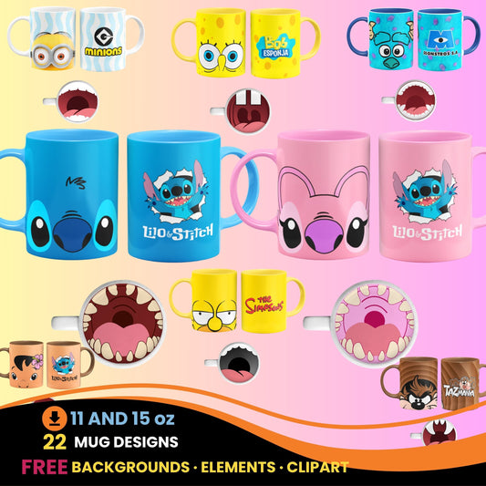 Collection of colorful cartoon cracter mug designs in png on a pink background. Templates with motuh bottom designs. 