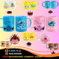 Collection of colorful cartoon cracter mug designs in png on a pink background. Templates with motuh bottom designs. 