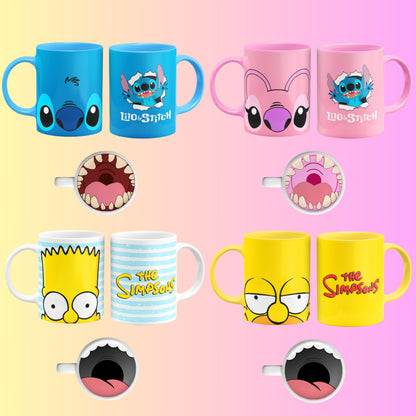 Collection of mugs featuring cartoon characters on a pink and yellow gradient background.