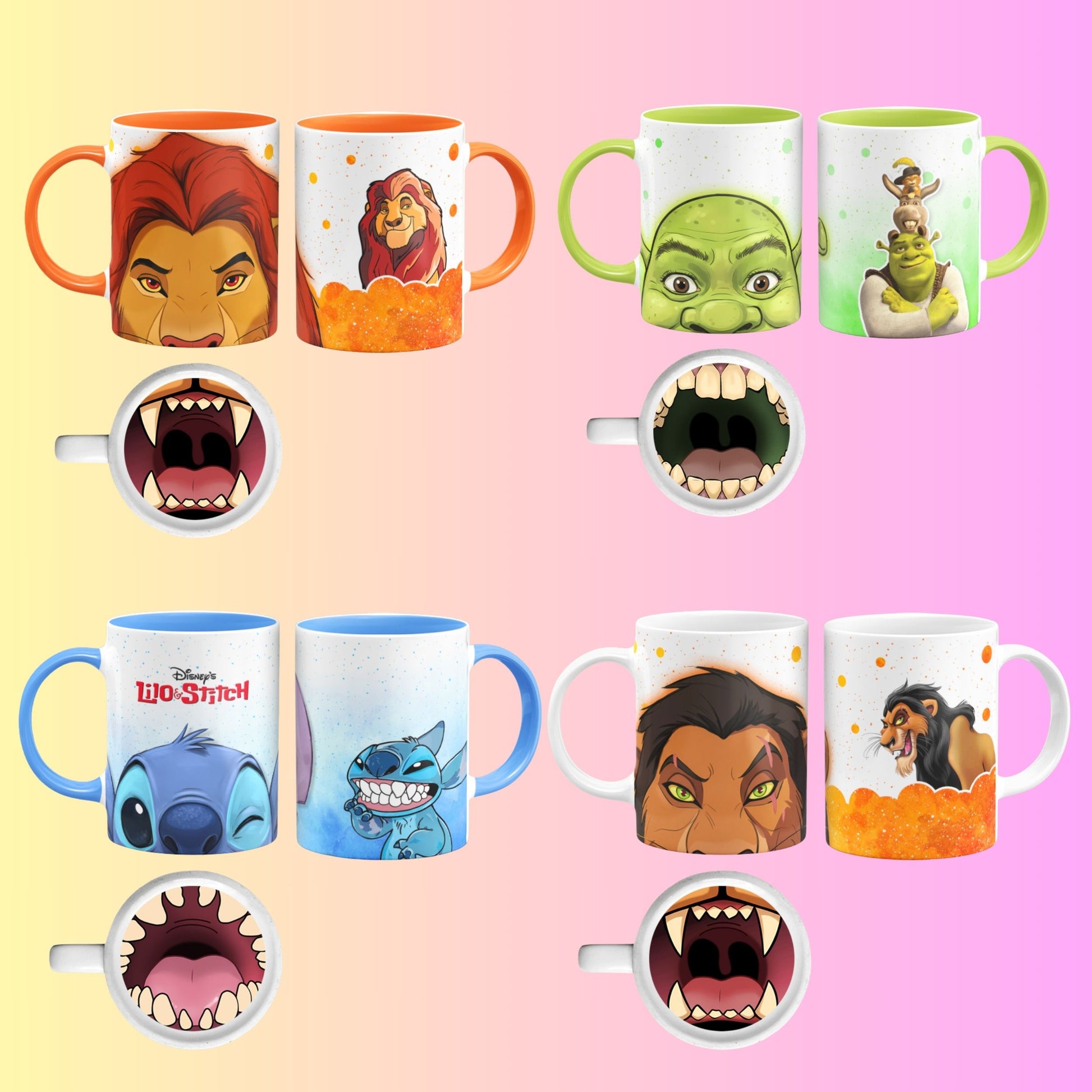 Collection of mugs with various cartoon Character designs and mouth shapes on a colorful background.