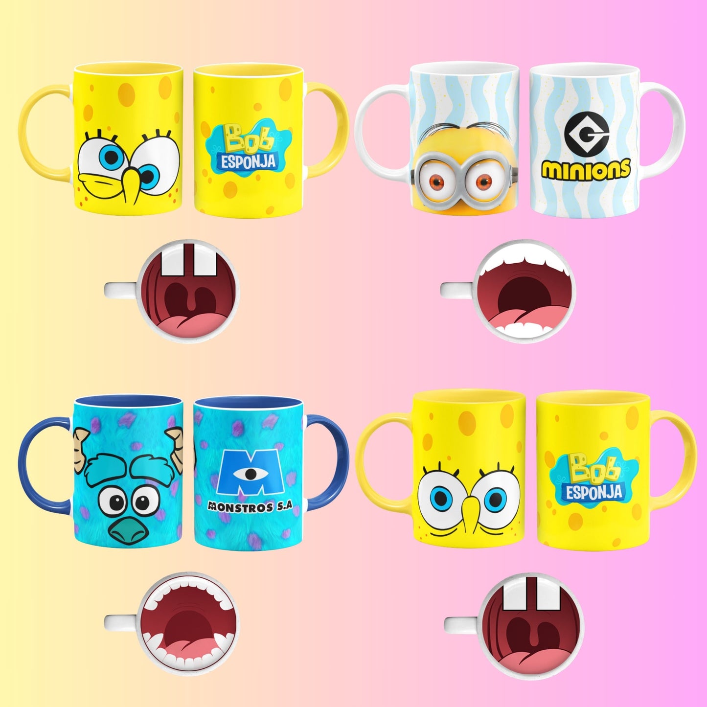 Collection of colorful mugs featuring cartoon characters on a pink and yellow gradient background.