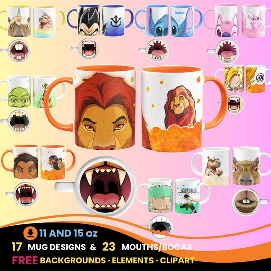 Collection of mugs with various cartoon Character designs and mouth shapes on a colorful background.
