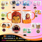 Collection of mugs with various cartoon Character designs and mouth shapes on a colorful background.