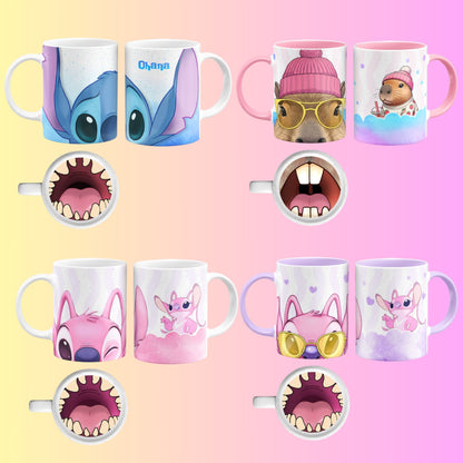 Collection of mugs with various cartoon Character designs and mouth shapes on a colorful background.