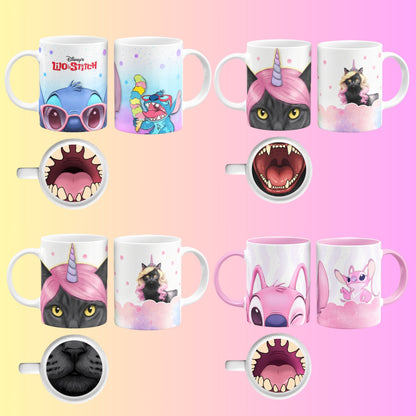 Collection of mugs with various cartoon Character designs and mouth shapes on a colorful background.