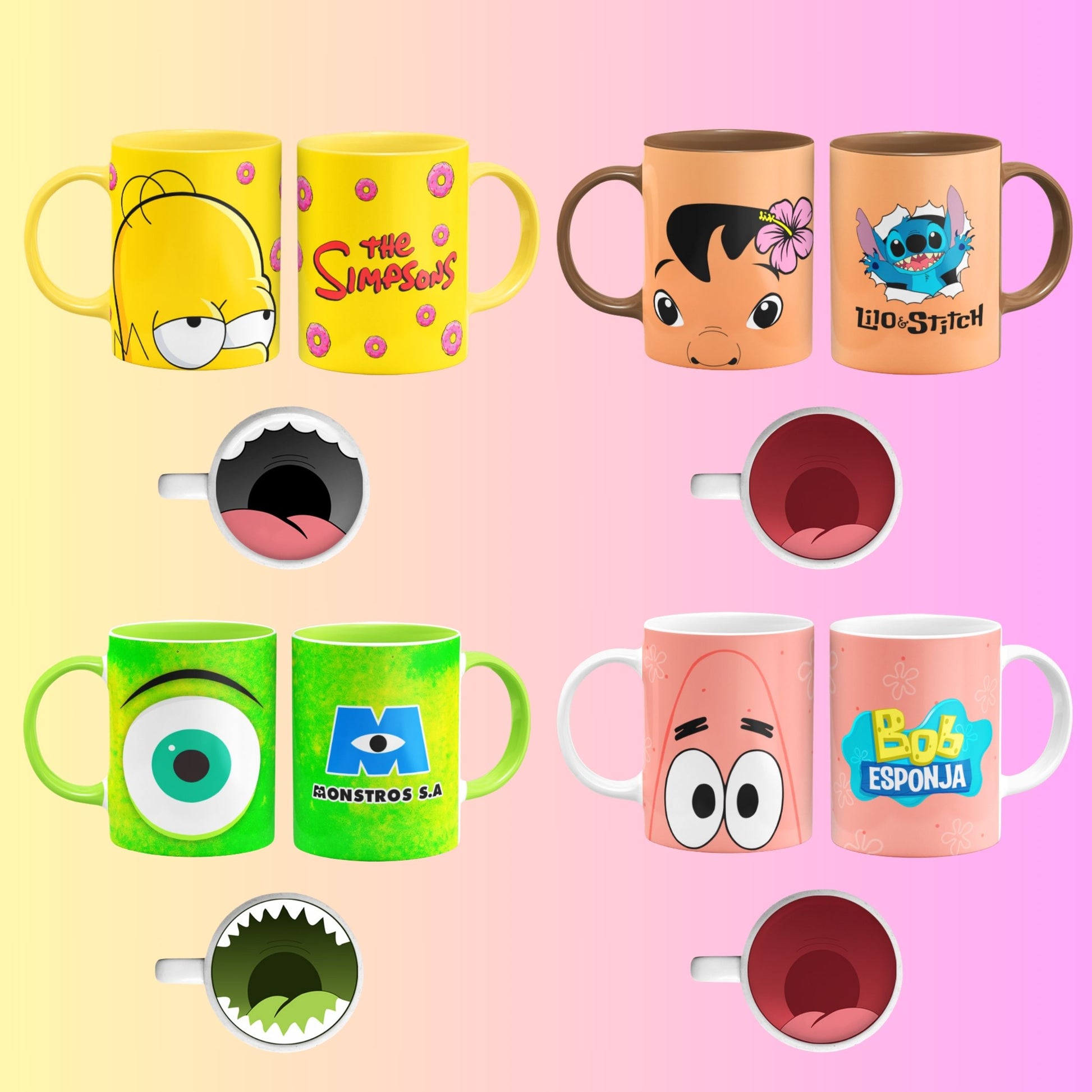 Collection of colorful mugs featuring cartoon characters on a gradient background