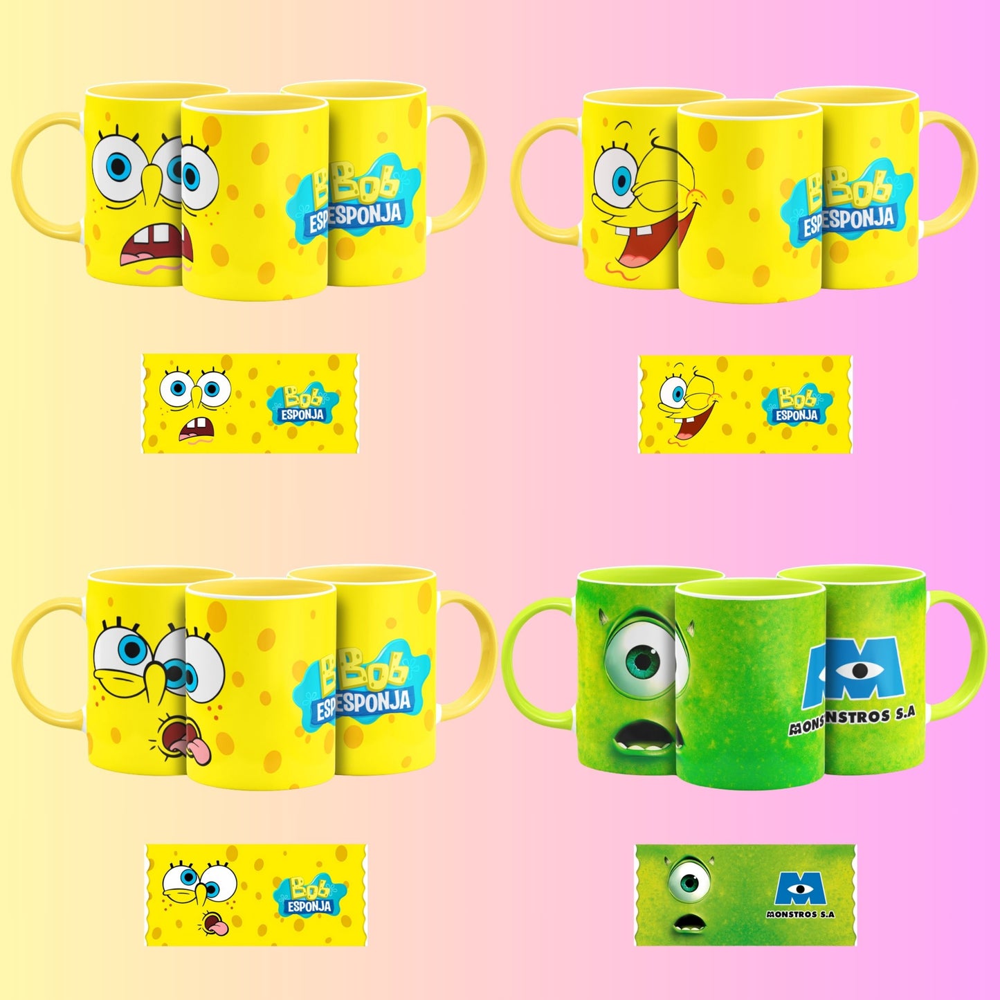 Collection of yellow and green mugs with cartoon character designs on a pink background