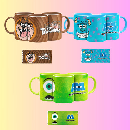Collection of colorful cartoon cracter mug designs in png on a pink background. Templates with motuh bottom designs. 
