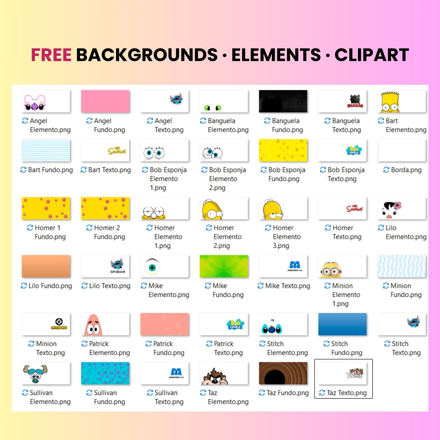 Collection of cartoon character images with text 'Free Backgrounds, Elements, Clipart' on a gradient background.