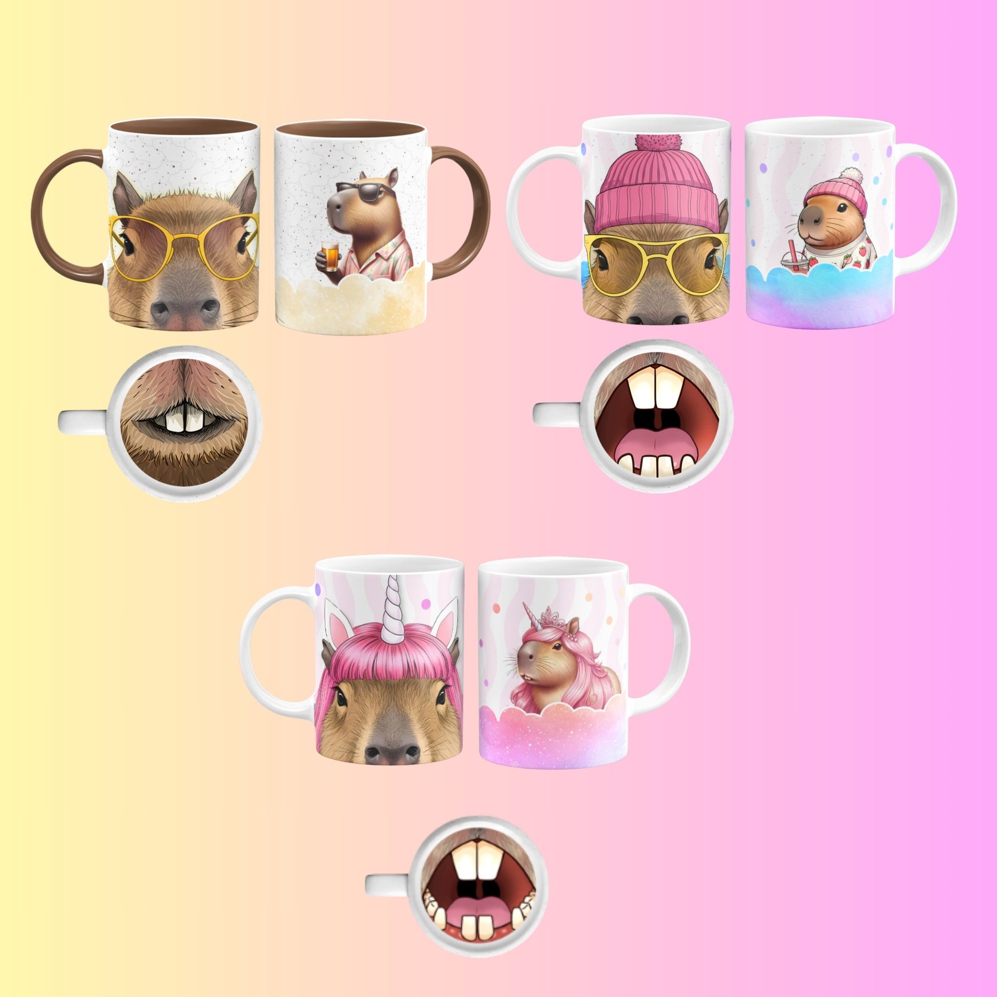 Collection of mugs with various cartoon Character designs and mouth shapes on a colorful background.