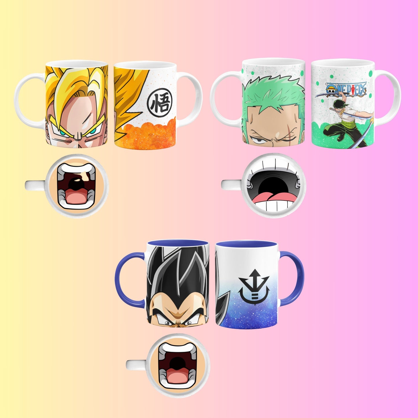 Collection of mugs with various cartoon Character designs and mouth shapes on a colorful background.