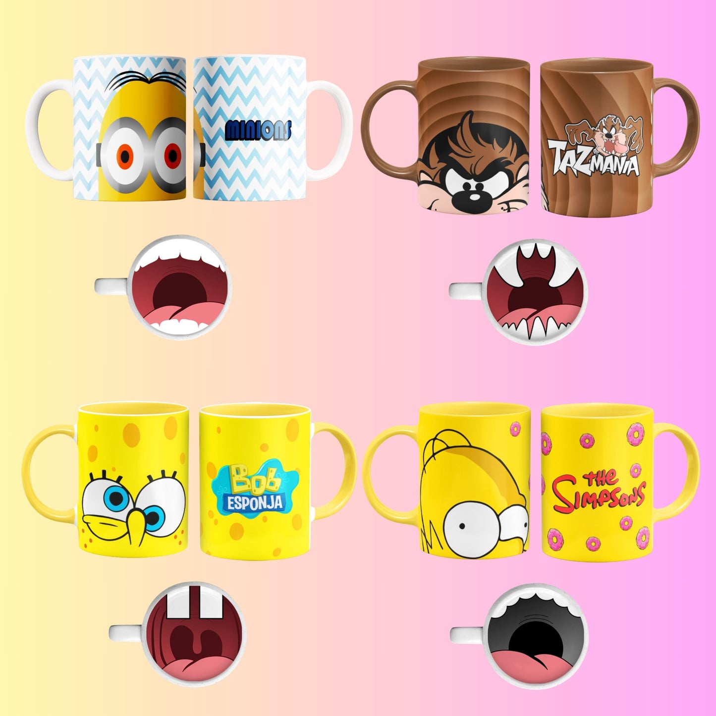 Collection of colorful cartoon cracter mug designs in png on a pink background. Templates with motuh bottom designs. 