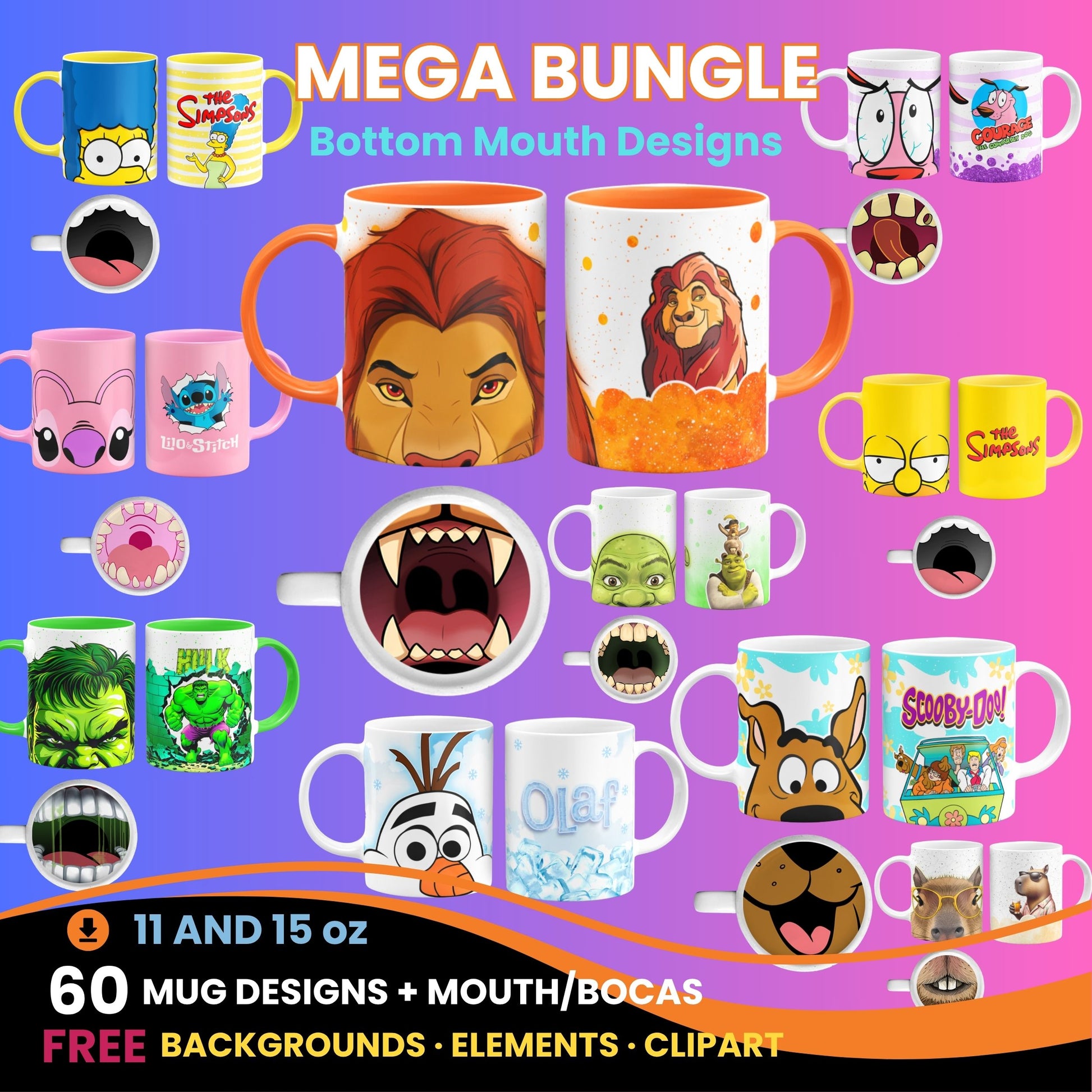 60 cartoon PNG mug wrap designs with bottom mouth graphics for 11 oz and 15 oz sublimation mugs – includes characters, clipart, backgrounds, and printable elements for custom mugs."

This version includes keywords like:
PNG mug wrap designs
bottom mouth graphics
sublimation mugs
clipart, backgrounds, elements
11 oz and 15 oz mugs
printable
